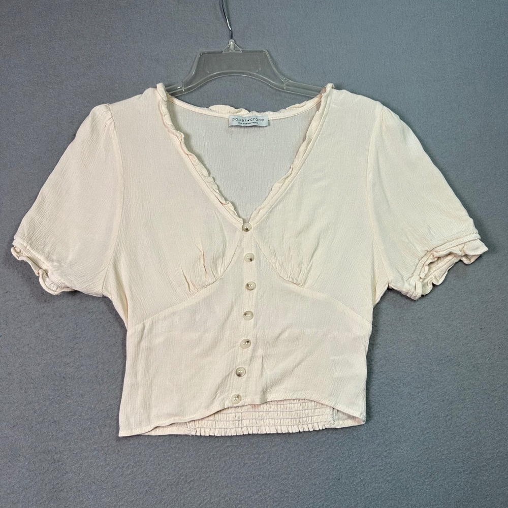 ❌SOLD❌Paper Crane Cream Button Front Ruffle Crop Top Blouse Boho Cottagecore Med